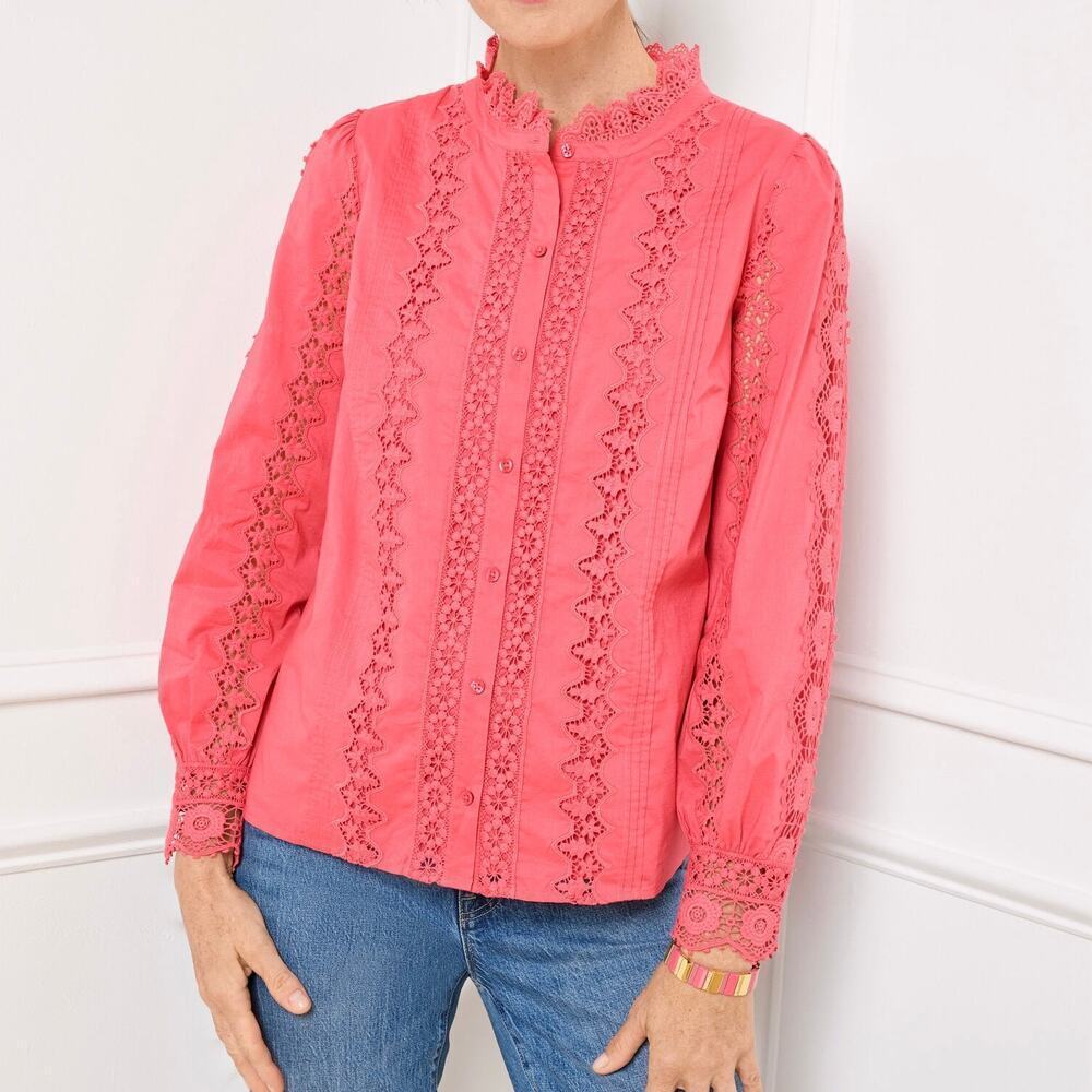 Talbots Lace Trim Eyelet Embroidered Voile Top Pink Feminine Size Large